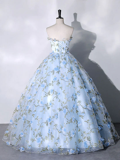 Blue Flowers Lace Ball Gown Long Formal Party Dress, Blue Evening Prom Dress TP1328