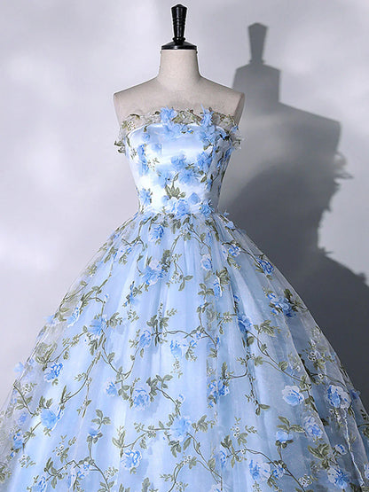 Blue Flowers Lace Ball Gown Long Formal Party Dress, Blue Evening Prom Dress TP1328