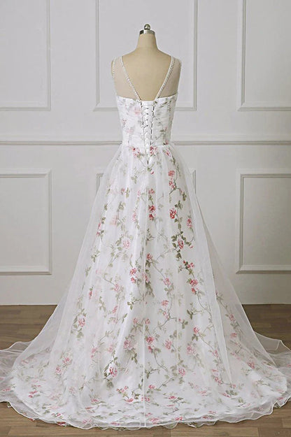 White Tulle Sweetheart Straps Floral Long Party Dress, White Evening Dress Prom Dress TP1336