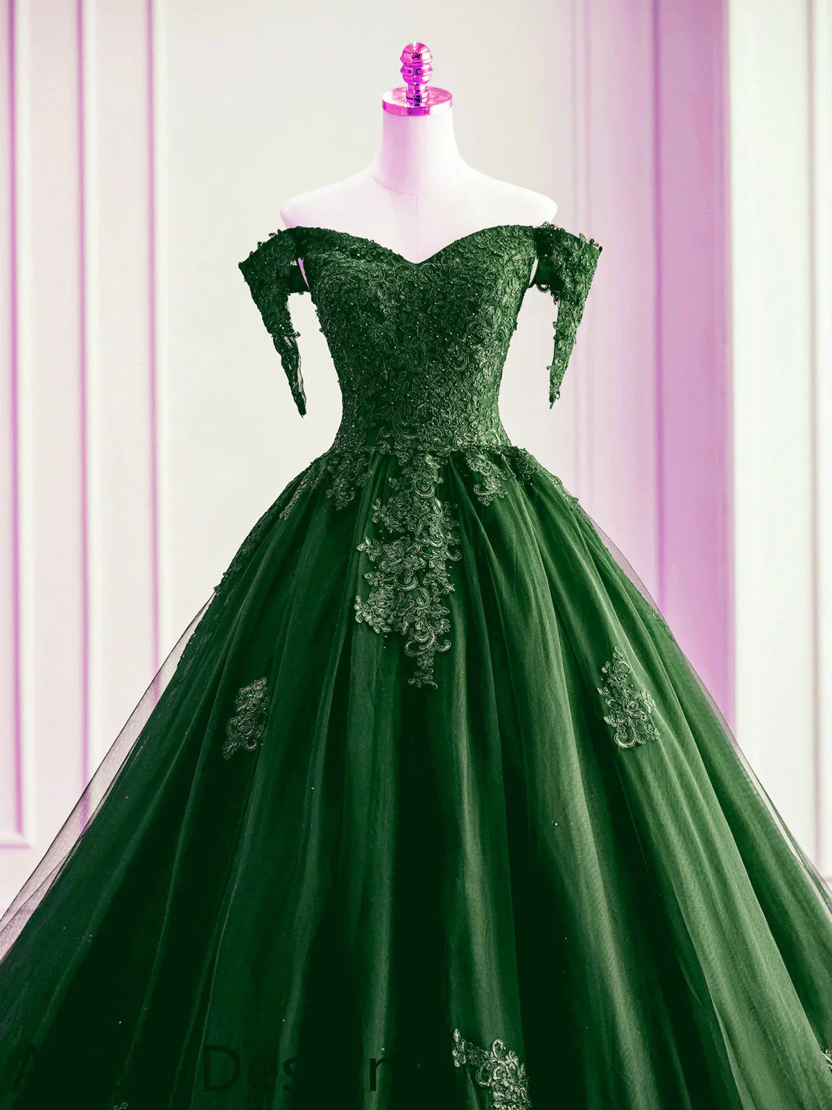 Dark Green Off Shoulder Tulle with Lace Sweet 16 Dress, Dark Green Formal Gowns TP1338