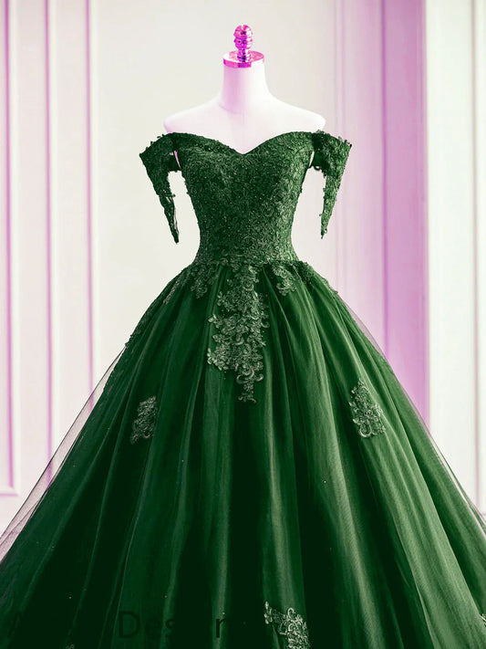 Dark Green Off Shoulder Tulle with Lace Sweet 16 Dress, Dark Green Formal Gowns TP1338