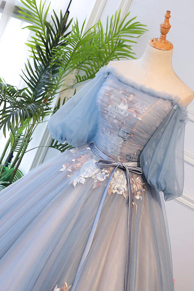 Blue Tulle with Lace Applique Off Shoulder Party Dress, Blue Sweet 16 Dresses TP1341