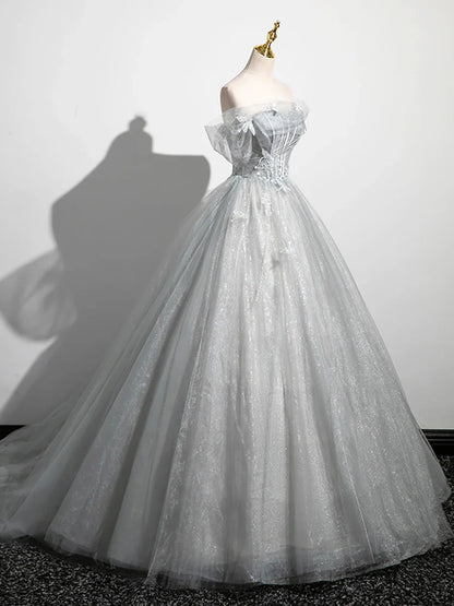 A-Line Off the Shoulder Sparkly Prom Dress, Gray Tulle Corset Floor Length Evening Dress TP1346