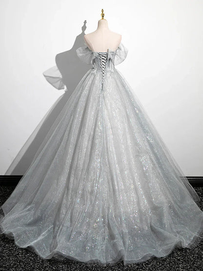 A-Line Off the Shoulder Sparkly Prom Dress, Gray Tulle Corset Floor Length Evening Dress TP1346