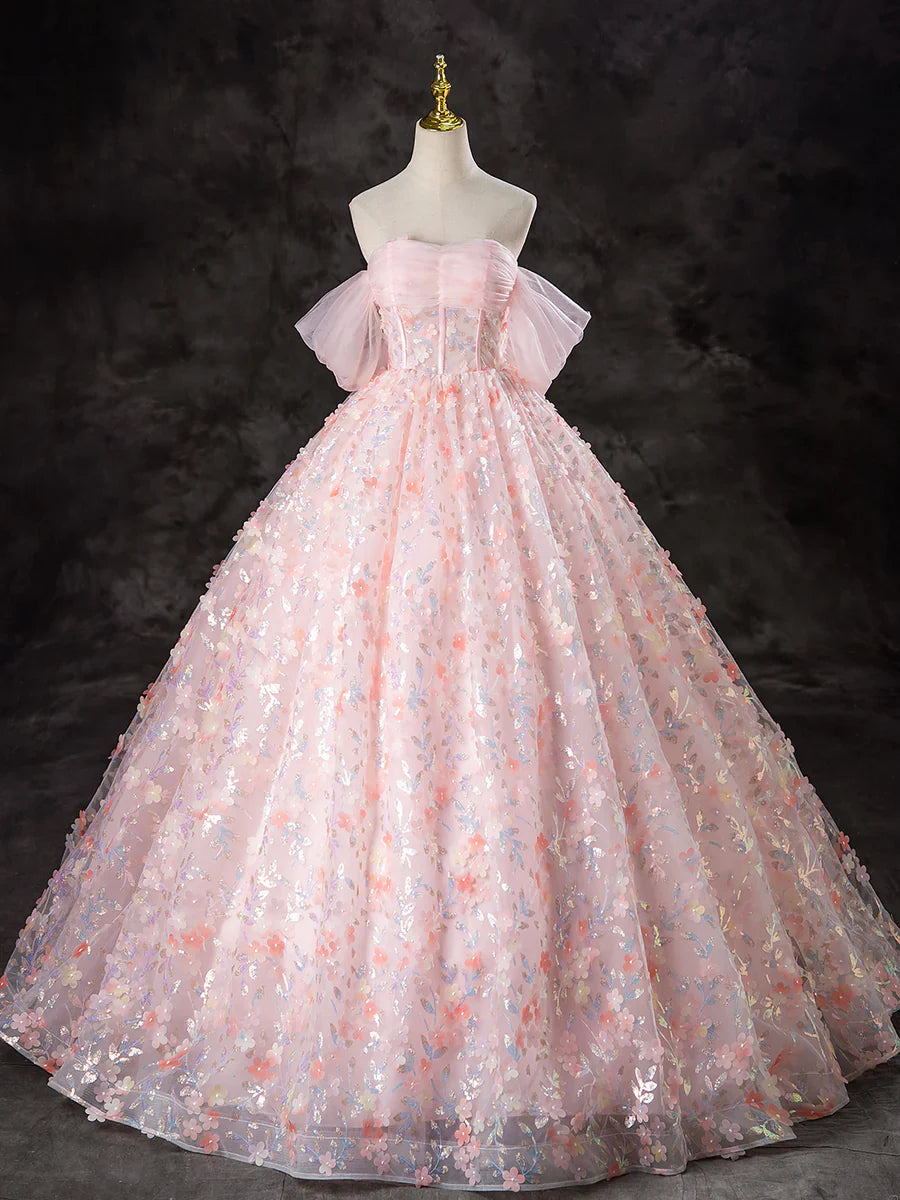 A-Line Pink Tulle Flowers Long Prom Dress, Beautiful Off the Shoulder Evening Party Dress TP1348