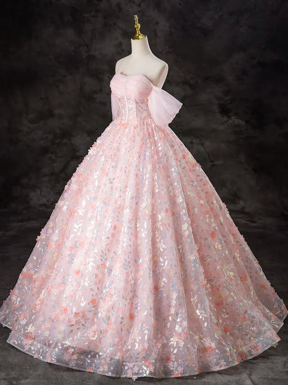 A-Line Pink Tulle Flowers Long Prom Dress, Beautiful Off the Shoulder Evening Party Dress TP1348