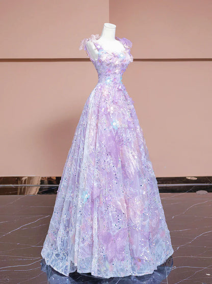 A-Line Purple Tulle Flowers Long Prom Dress, Beautiful Evening Party Dress TP1350