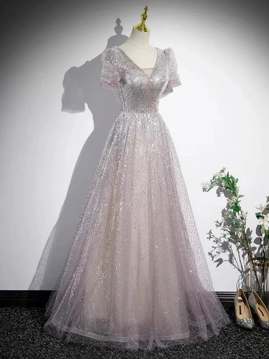 A-Line Tulle Sequins Floor Length Prom Dress, Beautiful Short Sleeve Party Dress TP1366