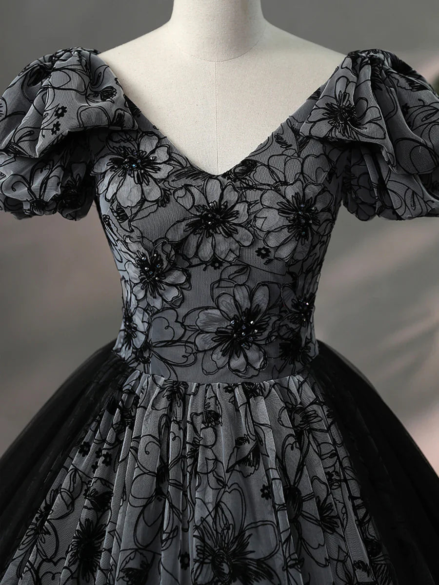 Beautiful Black Rhinestone Flower Prom Dress, Black V-Neck Short Sleeve Evening Dress TP1367
