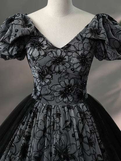 Beautiful Black Rhinestone Flower Prom Dress, Black V-Neck Short Sleeve Evening Dress TP1367