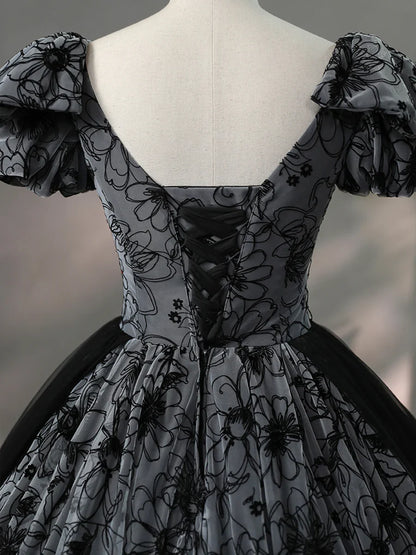 Beautiful Black Rhinestone Flower Prom Dress, Black V-Neck Short Sleeve Evening Dress TP1367