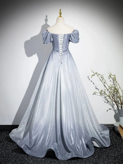 Beautiful Gradient-Color Glitter Sequins Prom Dresses, A-Line Princess Off-The-Shoulder Sleeveless Gray Blue Formal Dresses TP1369