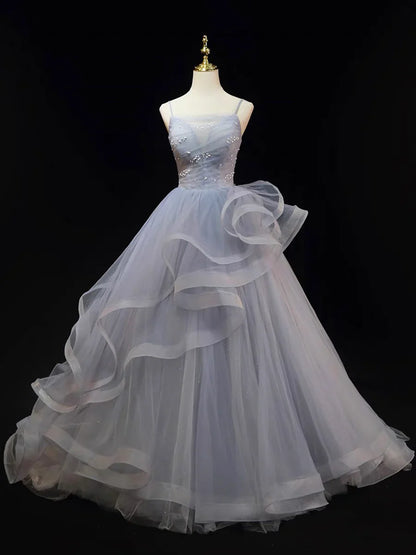 Beautiful Gray Cascading Ruffles Pearl Prom Dress, A-line Spaghetti Straps Sleeveless Backless Formal Dress TP1370