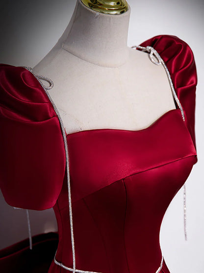 Beautiful Satin Floor Length Prom Dress with Bowknot, Burgundy Short Sleeve Evening Dress TP1371