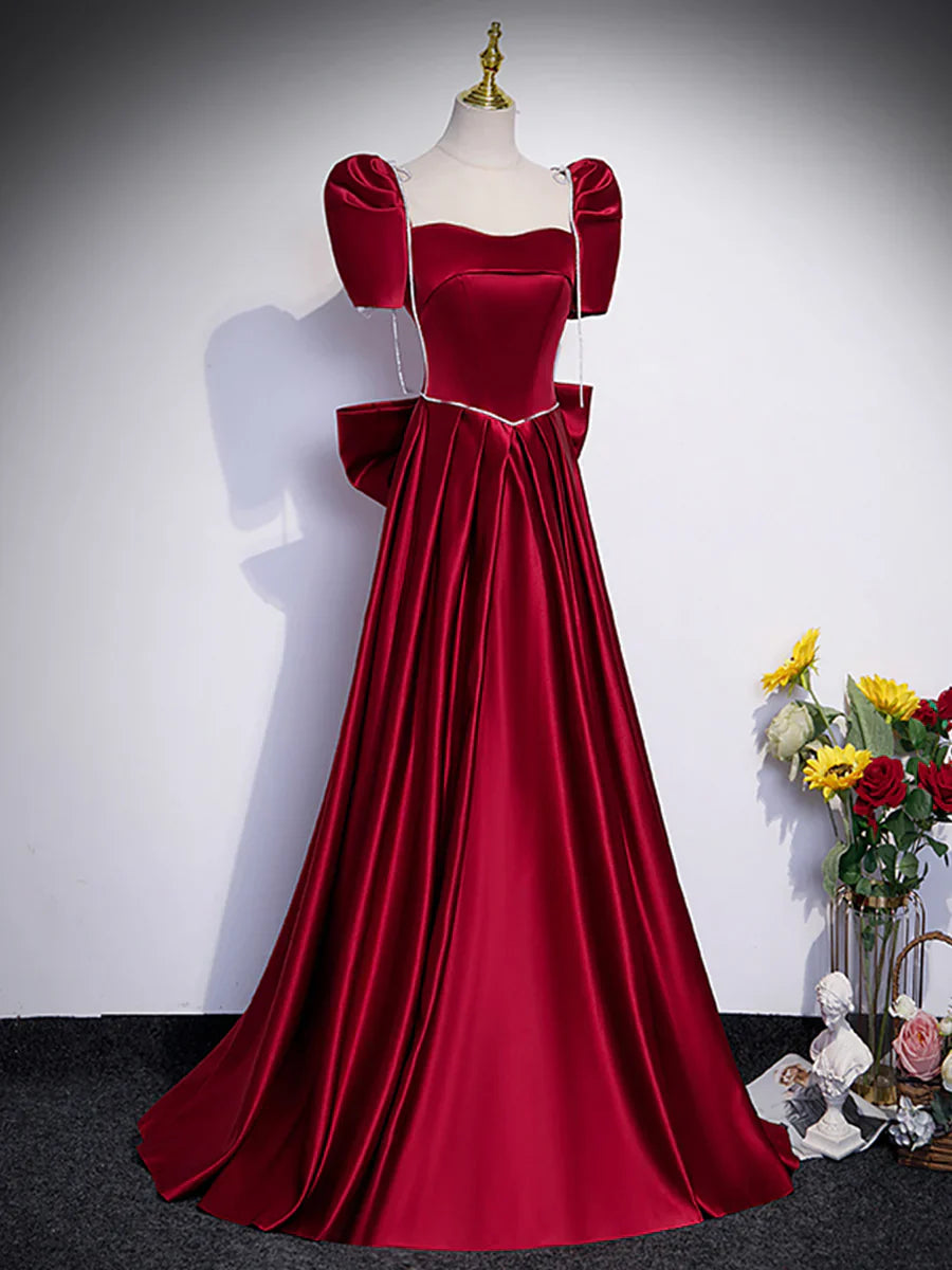 Beautiful Satin Floor Length Prom Dress with Bowknot, Burgundy Short Sleeve Evening Dress TP1371