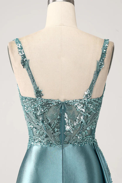 Mermaid V-Neck Satin Long Appliques Sequin Prom Dress With Slit TP1373