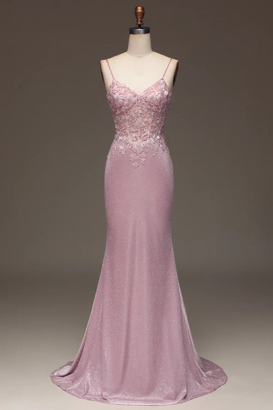 Glitter Blush Mermaid Spaghetti Straps Long Prom Dress with Beading TP1377