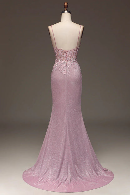 Glitter Blush Mermaid Spaghetti Straps Long Prom Dress with Beading TP1377
