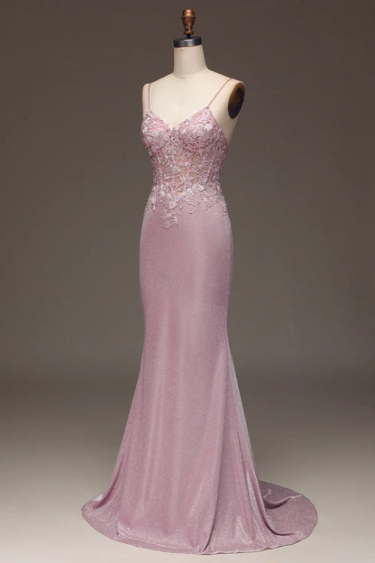 Glitter Blush Mermaid Spaghetti Straps Long Prom Dress with Beading TP1377