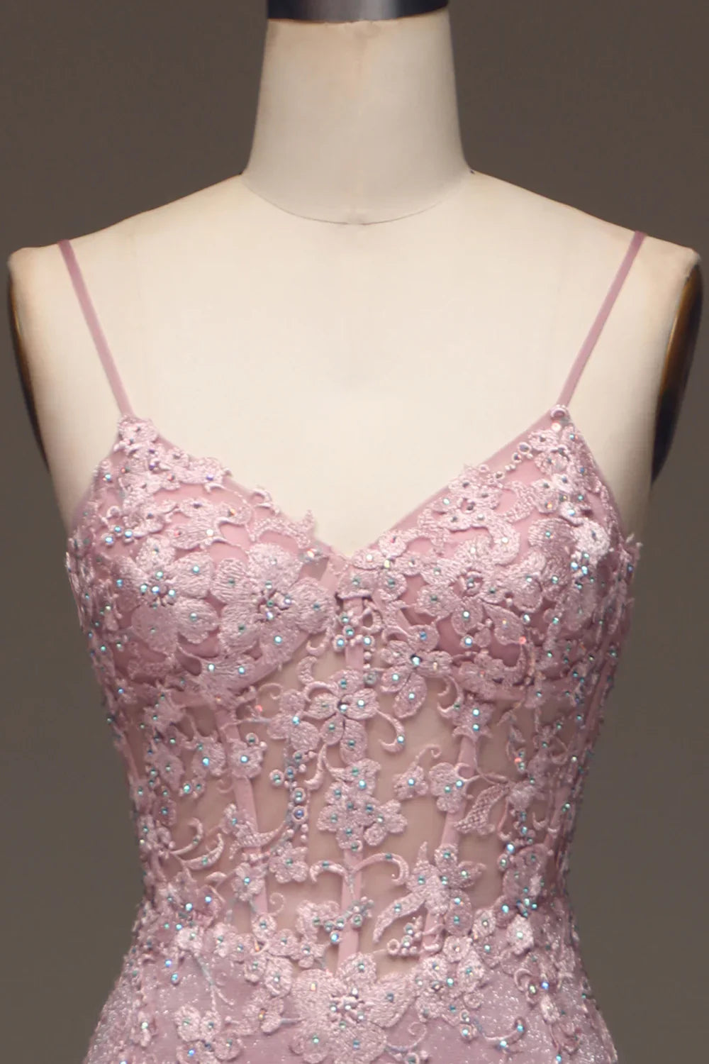 Glitter Blush Mermaid Spaghetti Straps Long Prom Dress with Beading TP1377