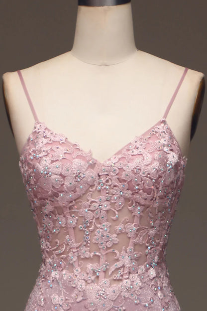 Glitter Blush Mermaid Spaghetti Straps Long Prom Dress with Beading TP1377