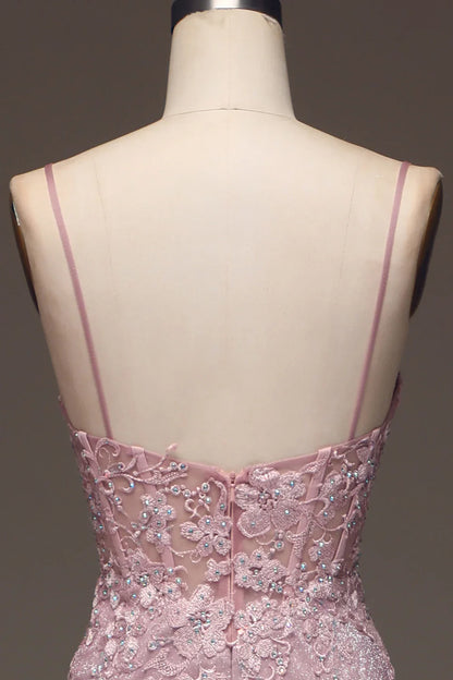Glitter Blush Mermaid Spaghetti Straps Long Prom Dress with Beading TP1377