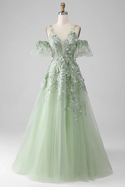 Sage A-Line Detachable Sleeves Long Corset Prom Dress with Flowers TP1378