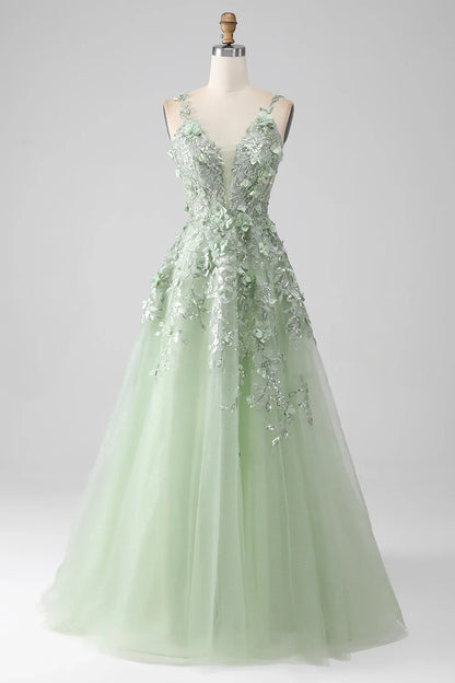 Sage A-Line Detachable Sleeves Long Corset Prom Dress with Flowers TP1378