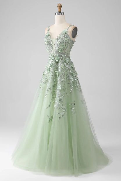 Sage A-Line Detachable Sleeves Long Corset Prom Dress with Flowers TP1378