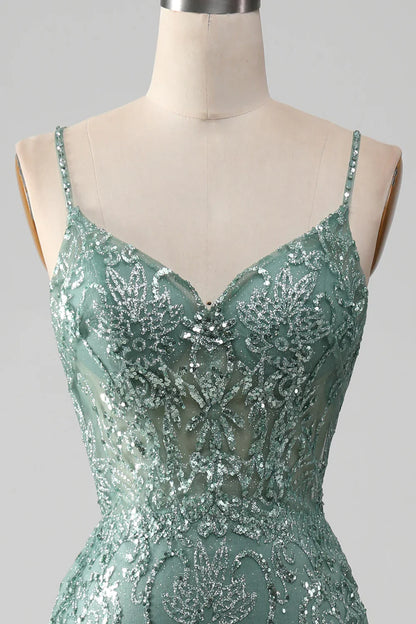 Spaghetti Staps Sparkly Grey Green Prom Dress with Beading TP1381