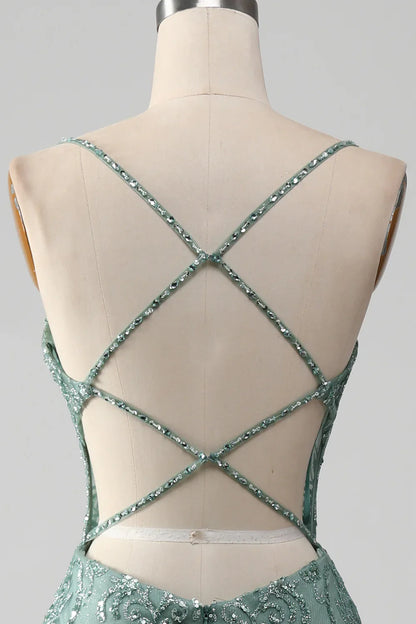 Spaghetti Staps Sparkly Grey Green Prom Dress with Beading TP1381