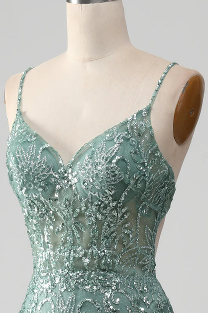 Spaghetti Staps Sparkly Grey Green Prom Dress with Beading TP1381