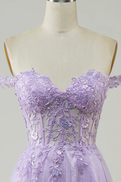 Purple Corset A-Line Long Tulle Prom Dress with Lace TP1382