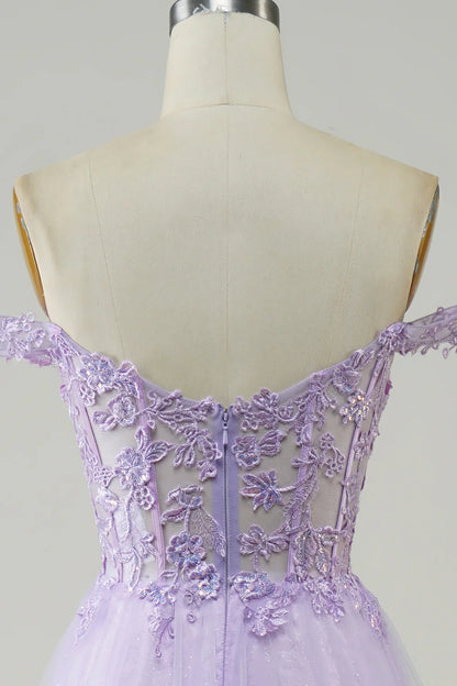 Purple Corset A-Line Long Tulle Prom Dress with Lace TP1382