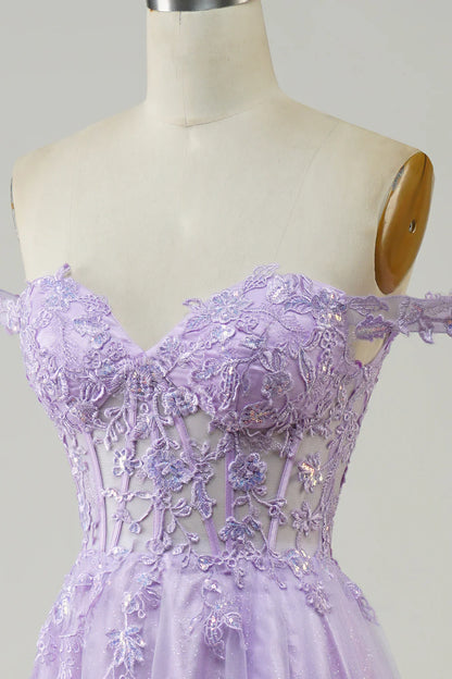Purple Corset A-Line Long Tulle Prom Dress with Lace TP1382