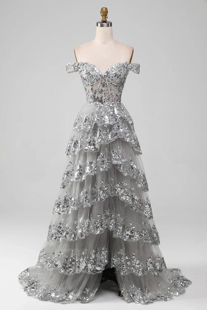 Off the Shoulder Grey Silver Sparkly Tiered Prom Dress with Slit TP1383