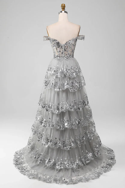 Off the Shoulder Grey Silver Sparkly Tiered Prom Dress with Slit TP1383