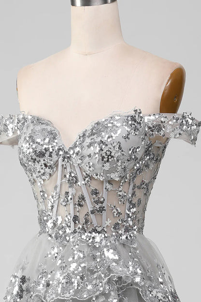 Off the Shoulder Grey Silver Sparkly Tiered Prom Dress with Slit TP1383