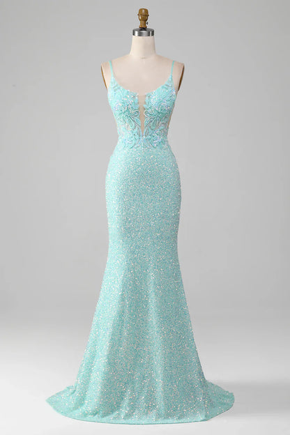 Sequins Light Green Sparkly Mermaid Prom Dress with Slit TP1386