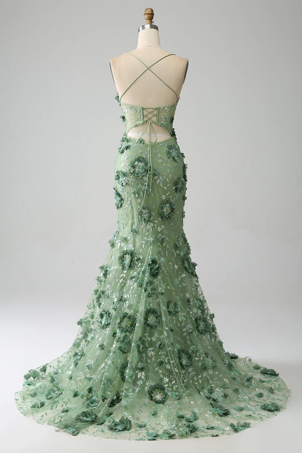 Mermaid Spaghetti Straps Green Corset Prom Dress with Appliques TP1388