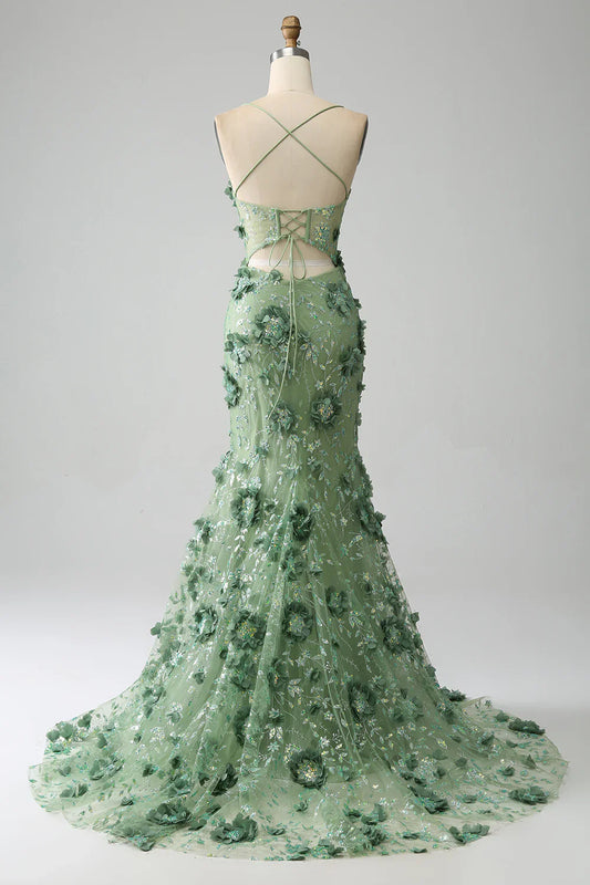 Mermaid Spaghetti Straps Green Corset Prom Dress with Appliques TP1388