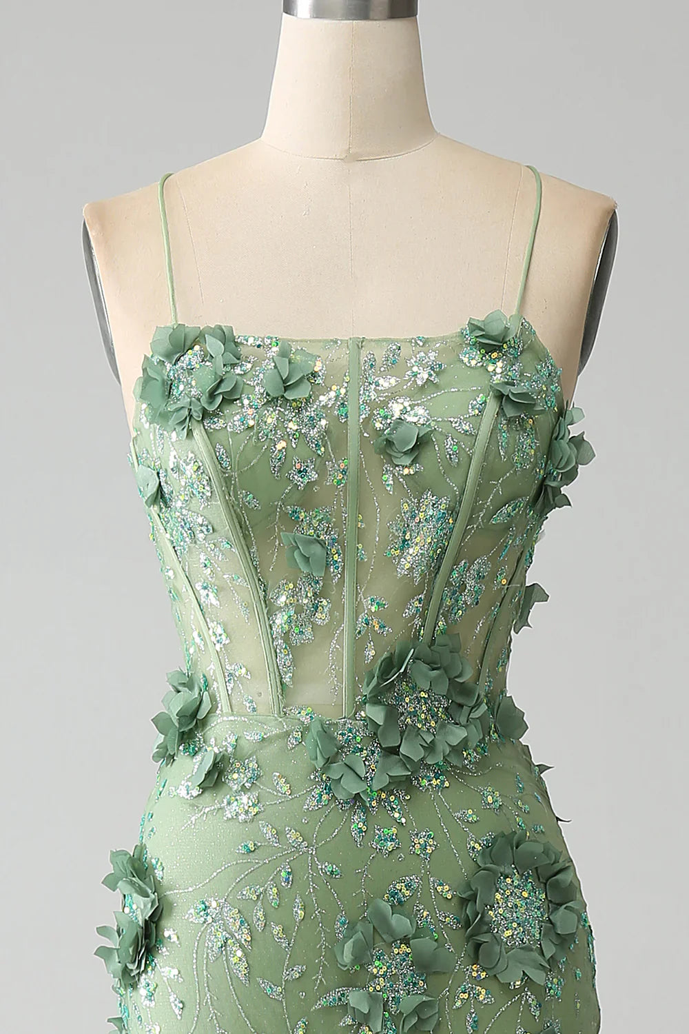 Mermaid Spaghetti Straps Green Corset Prom Dress with Appliques TP1388