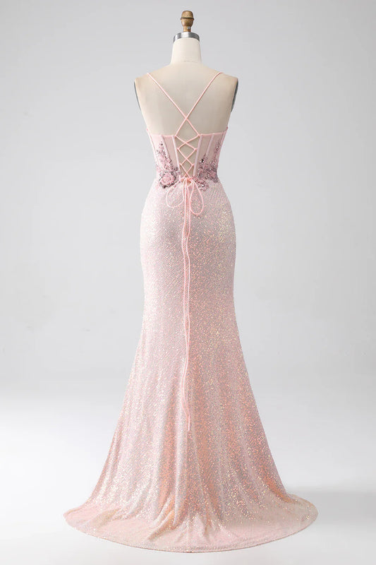 Glitter Pink Beaded Mermaid Prom Dress with Slit TP1389