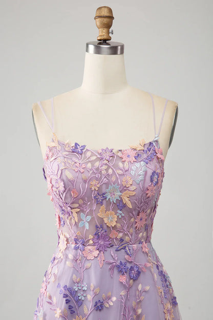 Light Purple A-Line Spaghetti Straps Long Prom Dress with Appliques TP1392