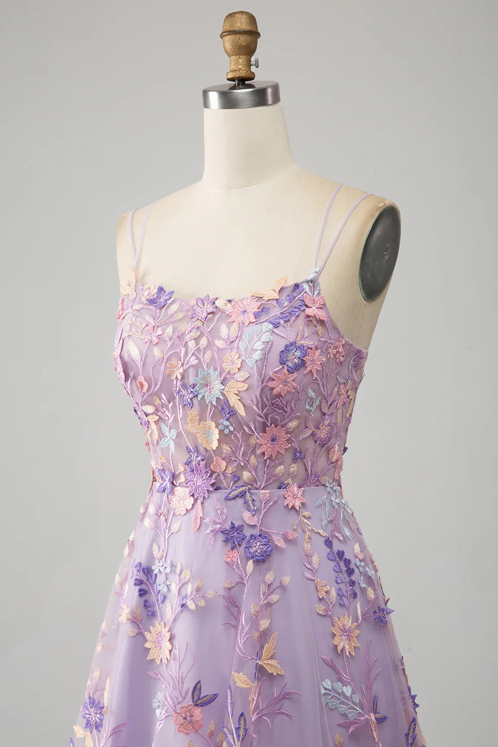 Light Purple A-Line Spaghetti Straps Long Prom Dress with Appliques TP1392