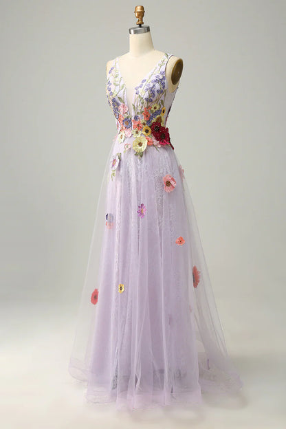 A Line Deep V Neck Lavender Long Prom Dress with Appliques TP1393