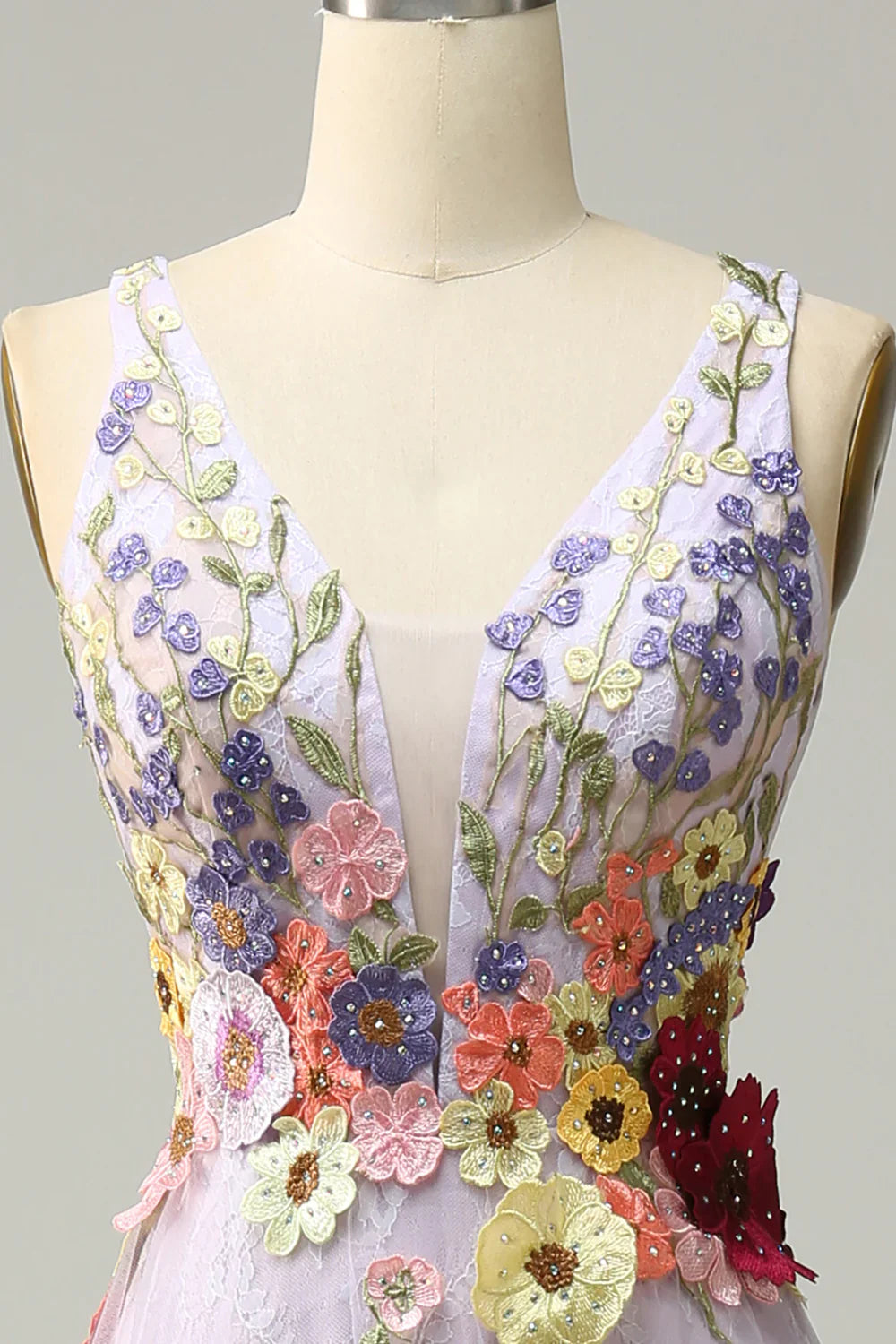 A Line Deep V Neck Lavender Long Prom Dress with Appliques TP1393