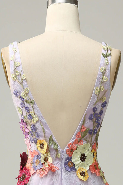 A Line Deep V Neck Lavender Long Prom Dress with Appliques TP1393