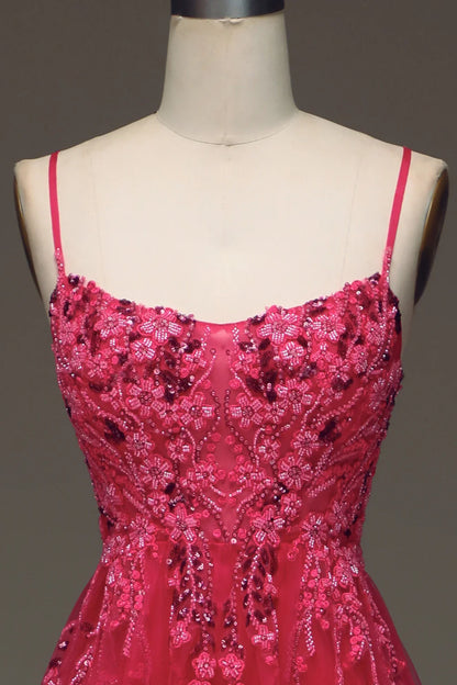 Spaghetti Straps A Line Red Prom Dress with Appliques TP1395