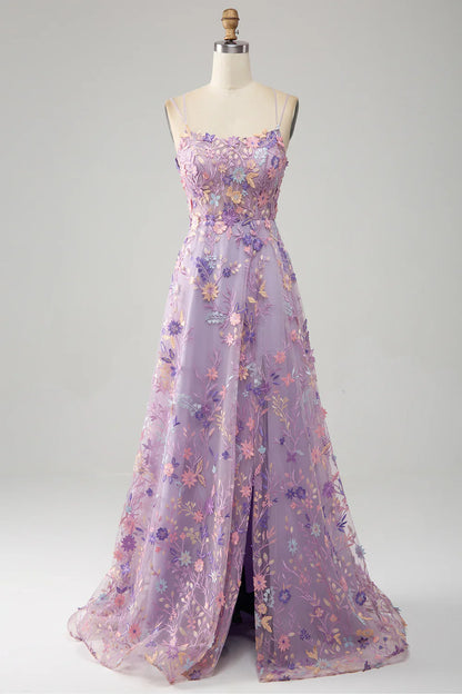 Light Purple A-Line Spaghetti Straps Long Prom Dress with Appliques TP1396